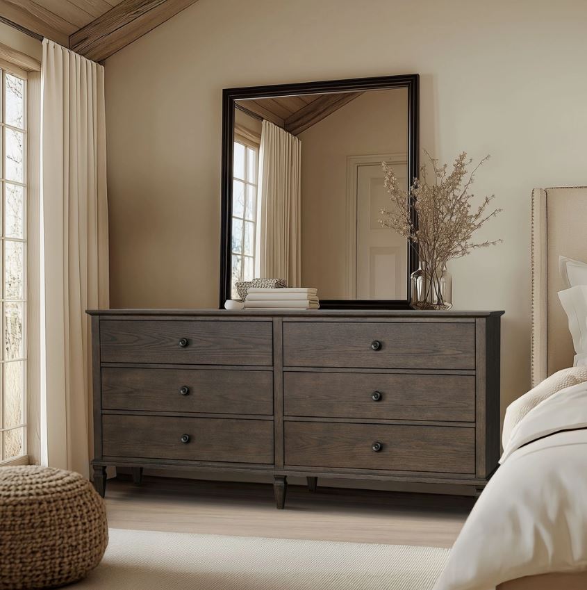 European Country Style Farmhouse 6-Drawer Dresser, Brown