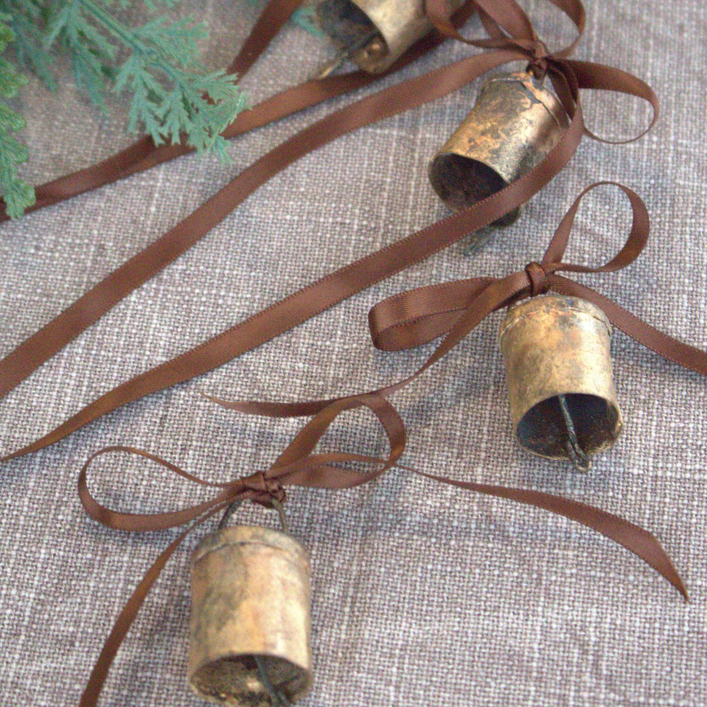 Brass cowbells with ribbons on a textured surface with greenery