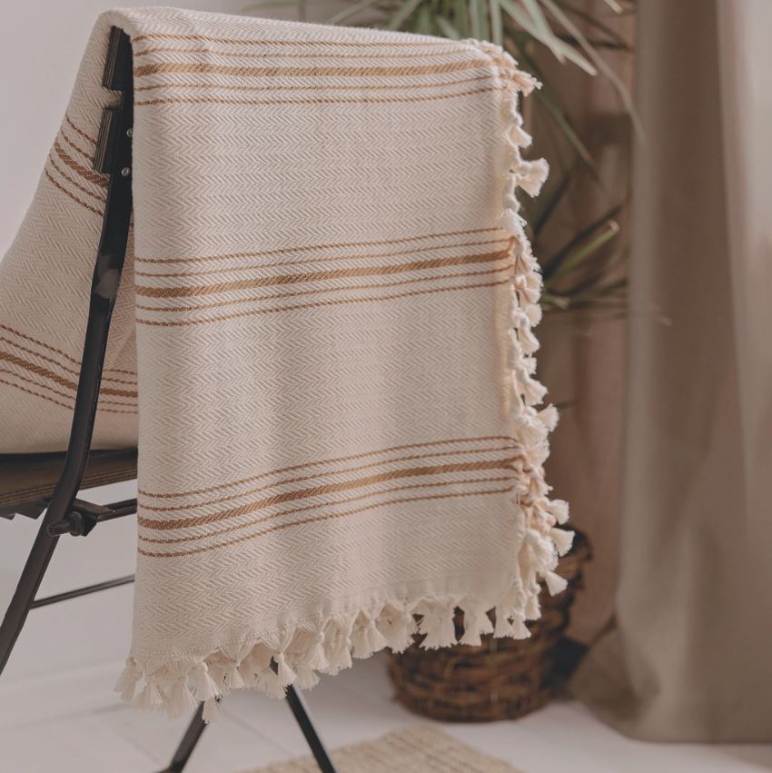 Mustard Striped Cream Throw Blanket & Bedspread