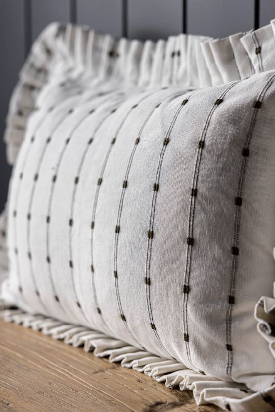 Ruffle Lumbar Pillow Cover - Embroidery Olive Green Stripes