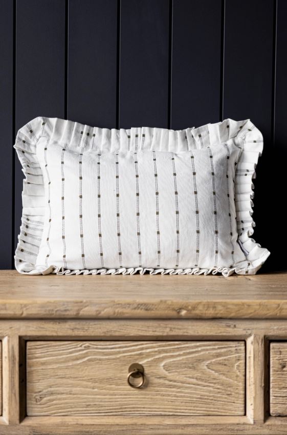 Ruffle Lumbar Pillow Cover - Embroidery Olive Green Stripes