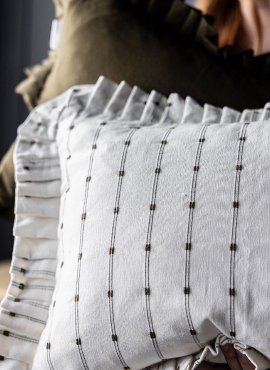 Ruffle Lumbar Pillow Cover - Embroidery Olive Green Stripes