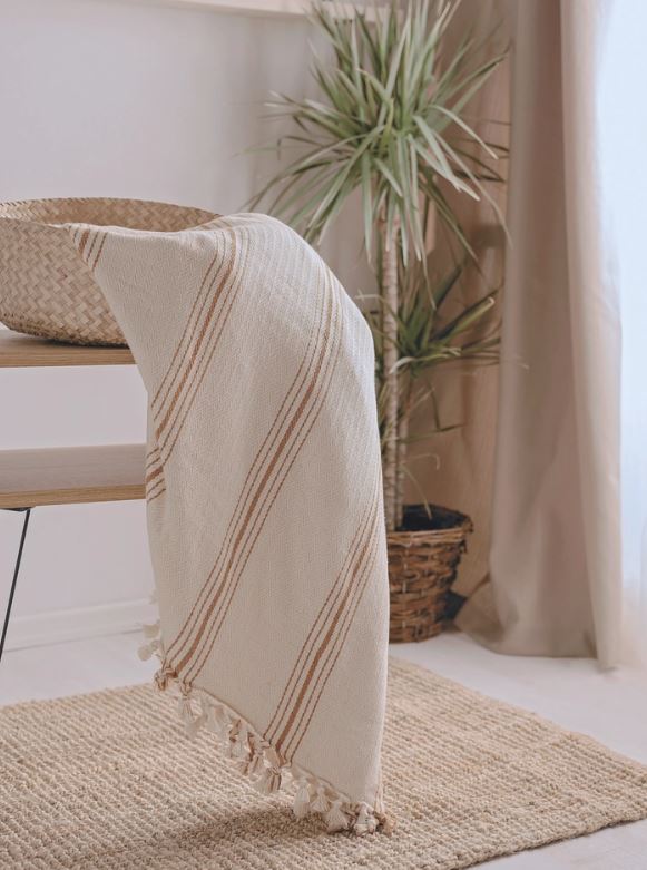 Mustard Striped Cream Throw Blanket & Bedspread