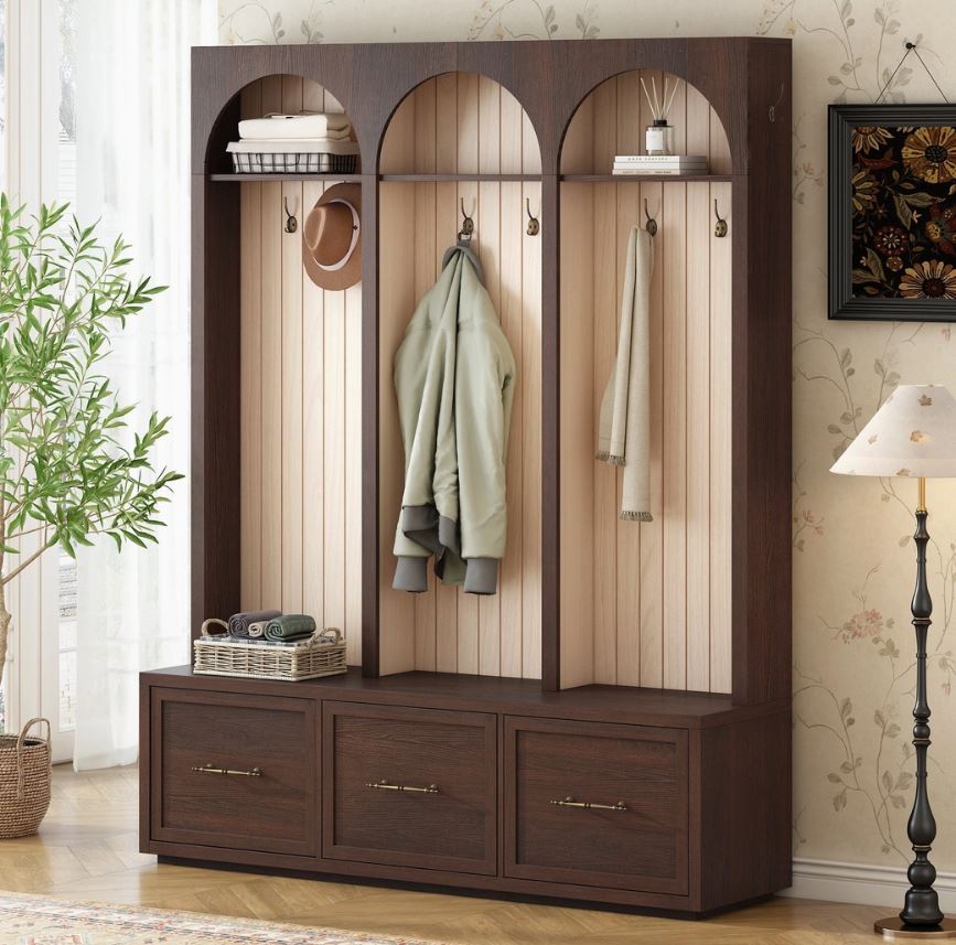 Wooden Style Hall Tree with Arched Design