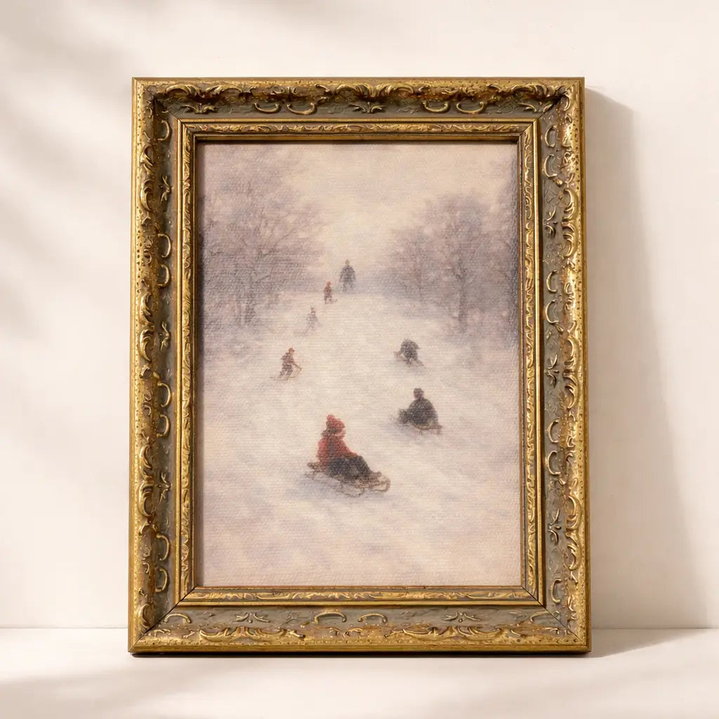 "Winter Sliding" Antique Inspired Gold Crowned Framed Art 5x7