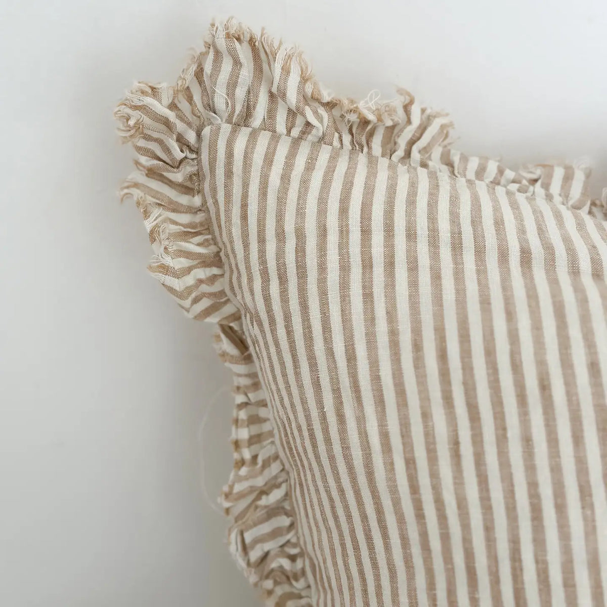 Hallie Ruffle Linen Cushion Cover in Light Brown Stripe