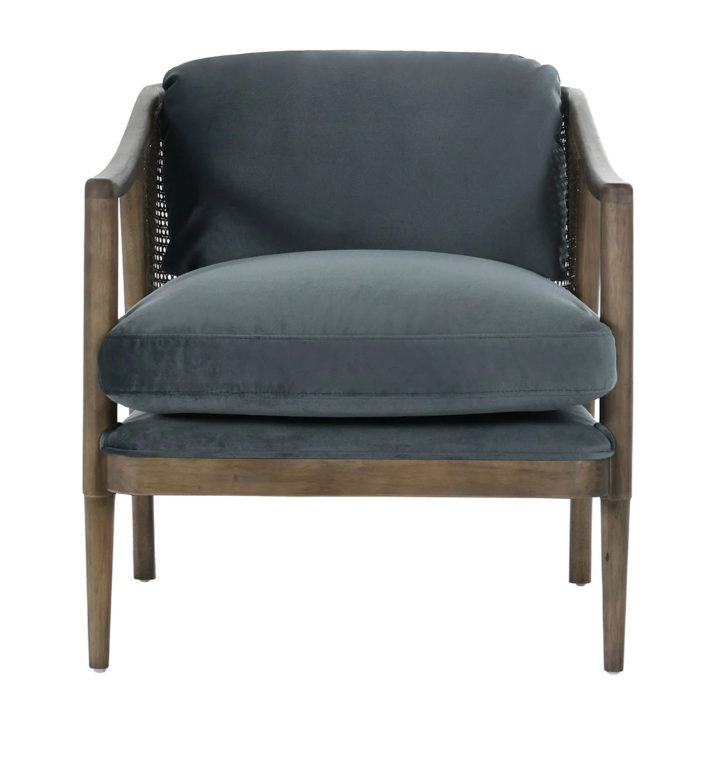 Grey velvet cane back accent chair