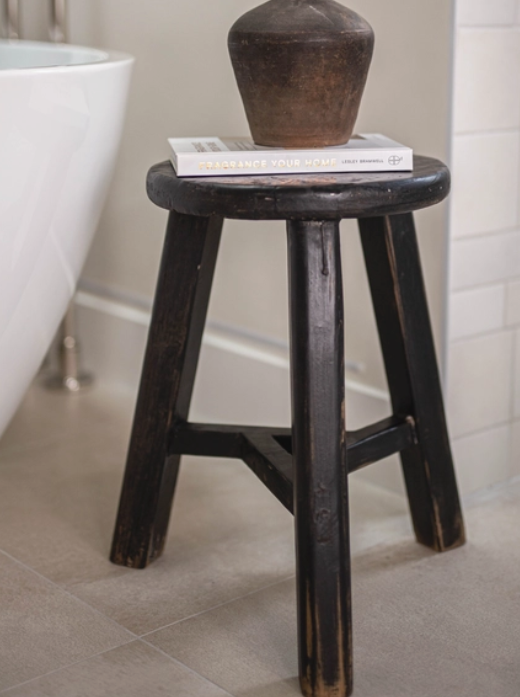 Vintage Elm Wood Round Stool Bench