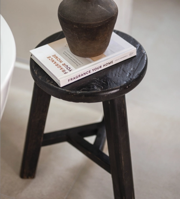 Vintage Elm Wood Round Stool Bench