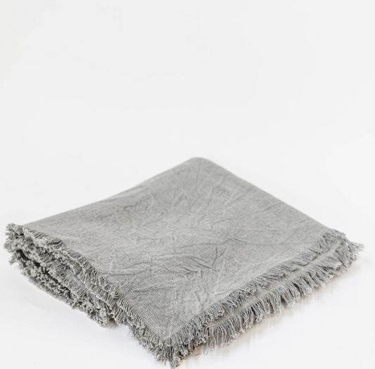 Stone Washed Table Cloth with Fringes - Grey