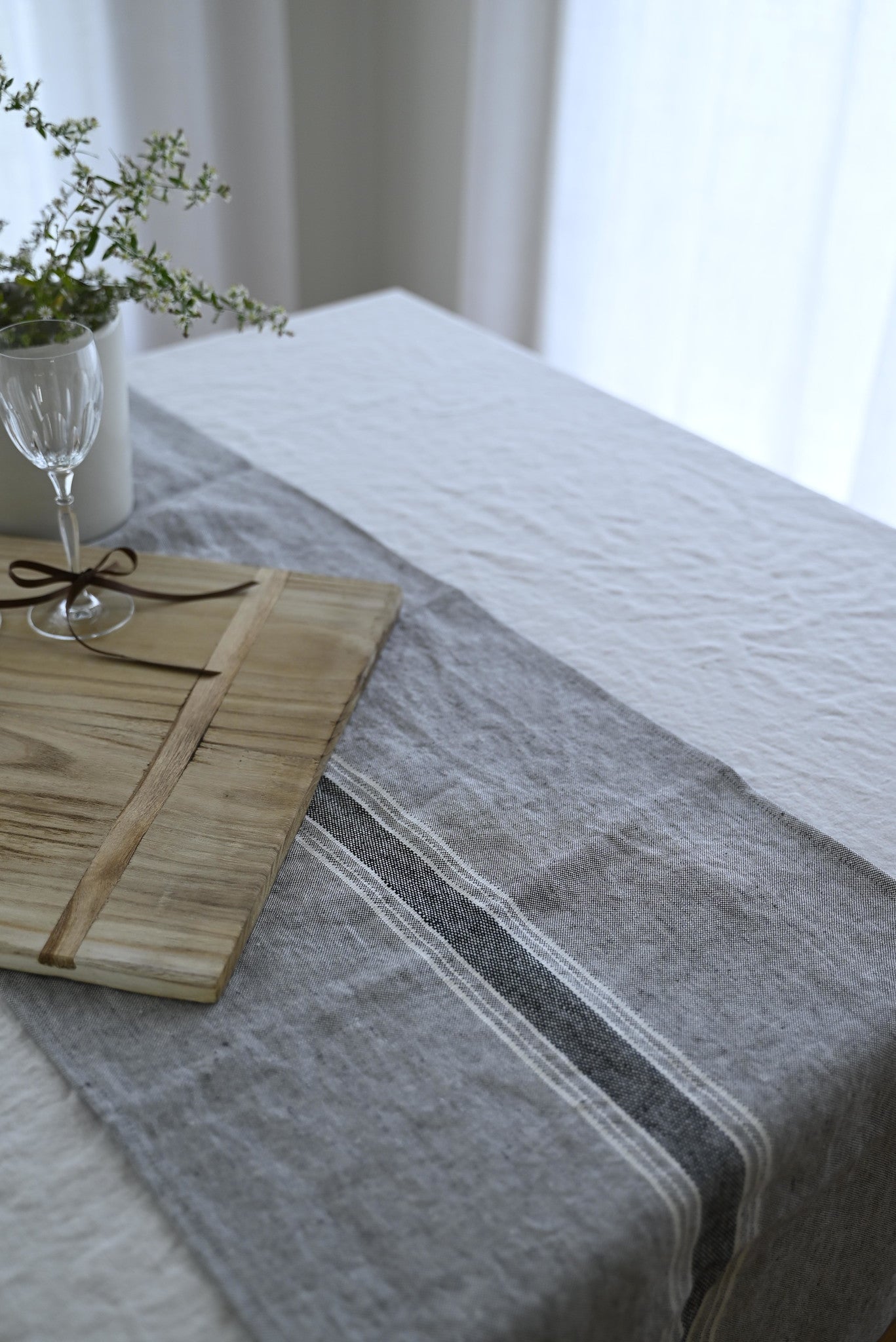Casa Linen Runners - Charcoal with White & Black Stripes