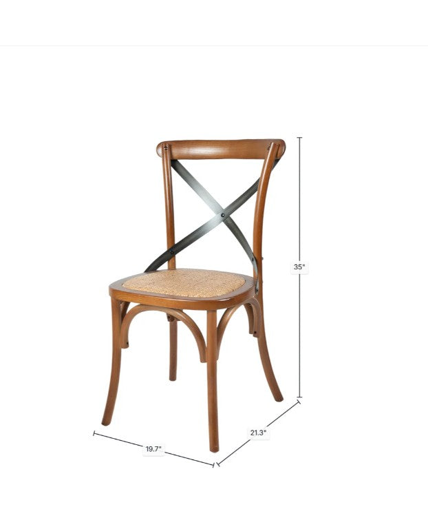 Wooden chair with cross-back design and dimensions on a white background