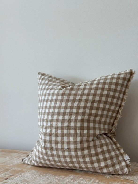 Esmee Frayed Edge Linen Cushion Cover – Light Brown Gingham