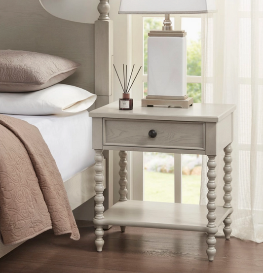 Farmhouse Wood Nightstand with Turned Legs - Cream