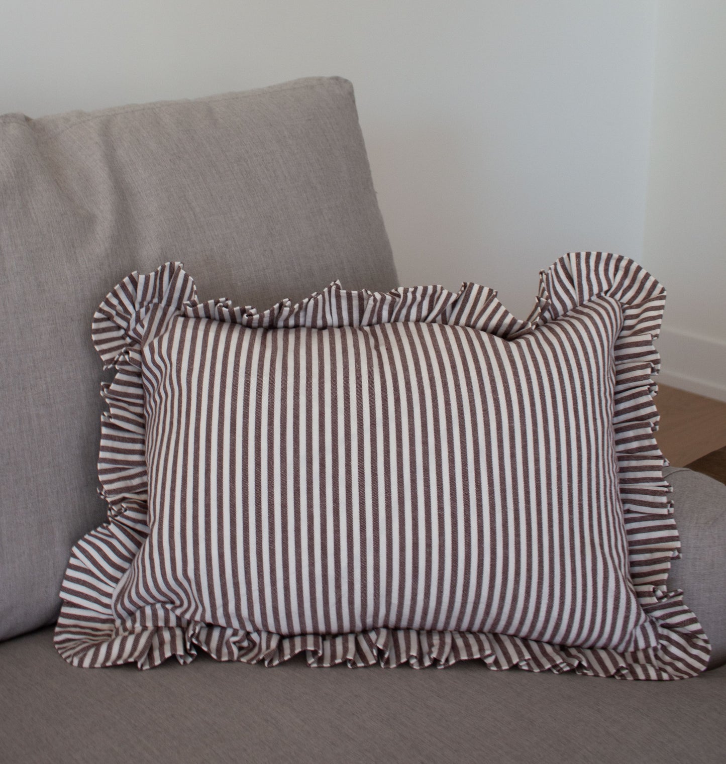 Ruffle Lumbar Pillow Cover Brown White Stripes