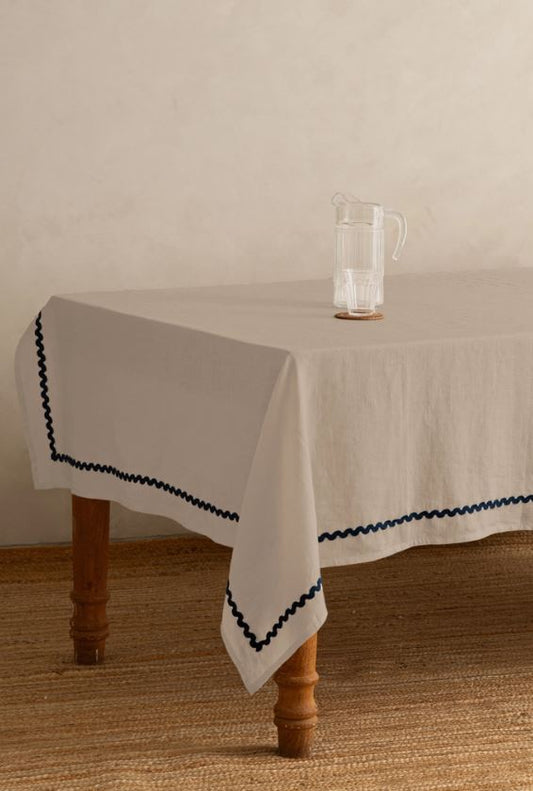 Linen Blue Lace Tablecloth - Oatmeal