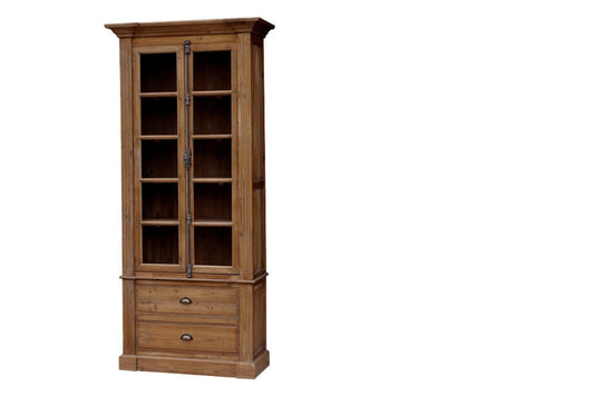 Wooden bookshelf with glass doors on a white background
