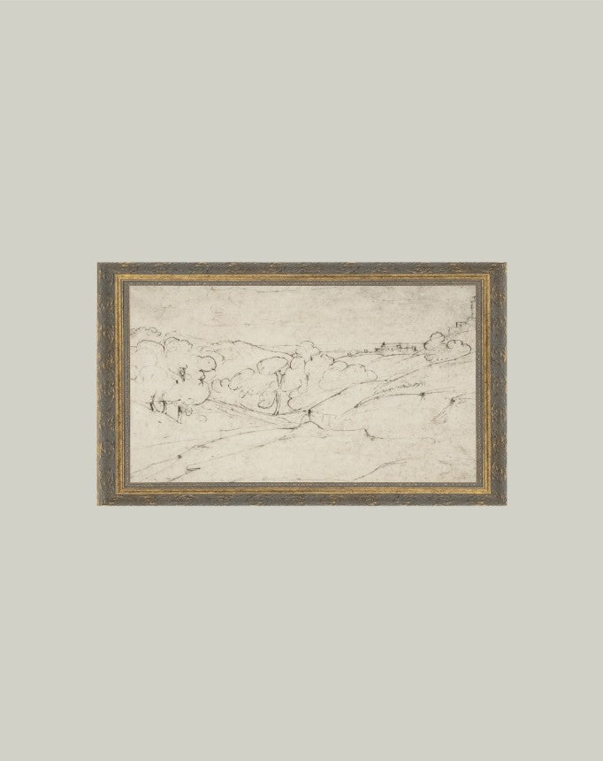 Framed black and white drawing on a light gray background