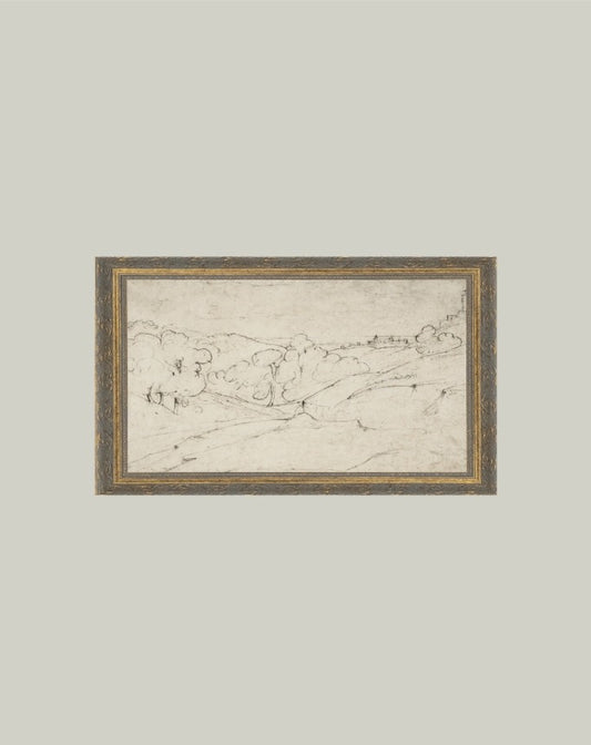 Framed black and white drawing on a light gray background