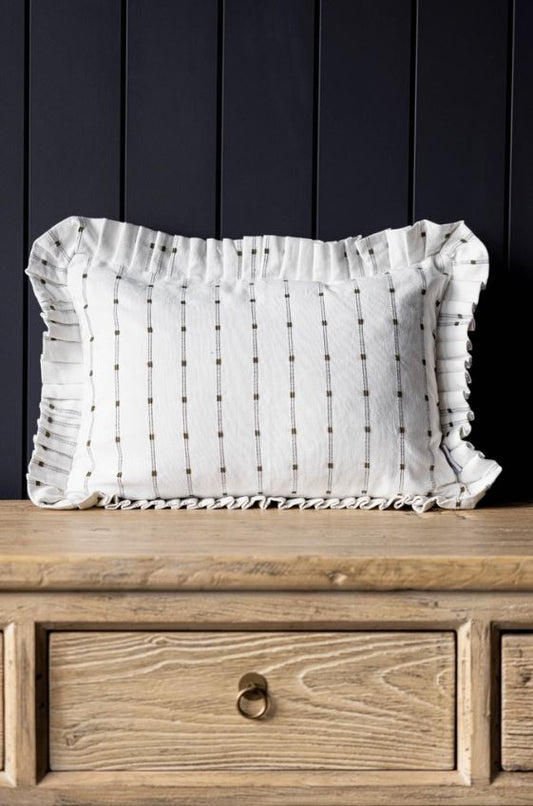 Ruffle Lumbar Pillow Cover - Embroidery Olive Green Stripes