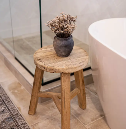 Vintage Elm Wood Round Stool Bench