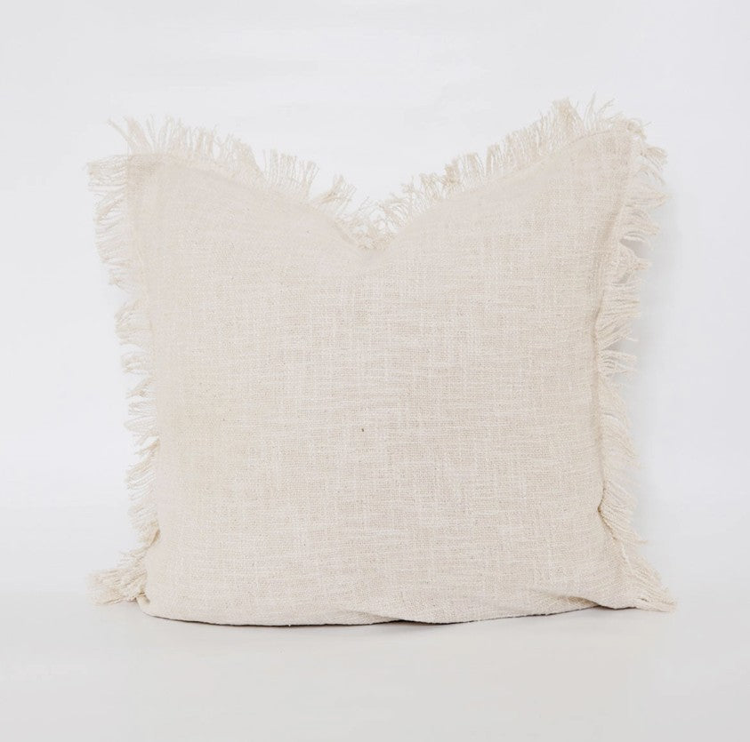 Woven Ivory Slub Fringed Pillow Cover
