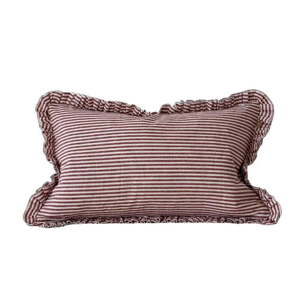 Darcy Ruffle Cotton Cushion Cover 20'x12" – Burgundy Stripe