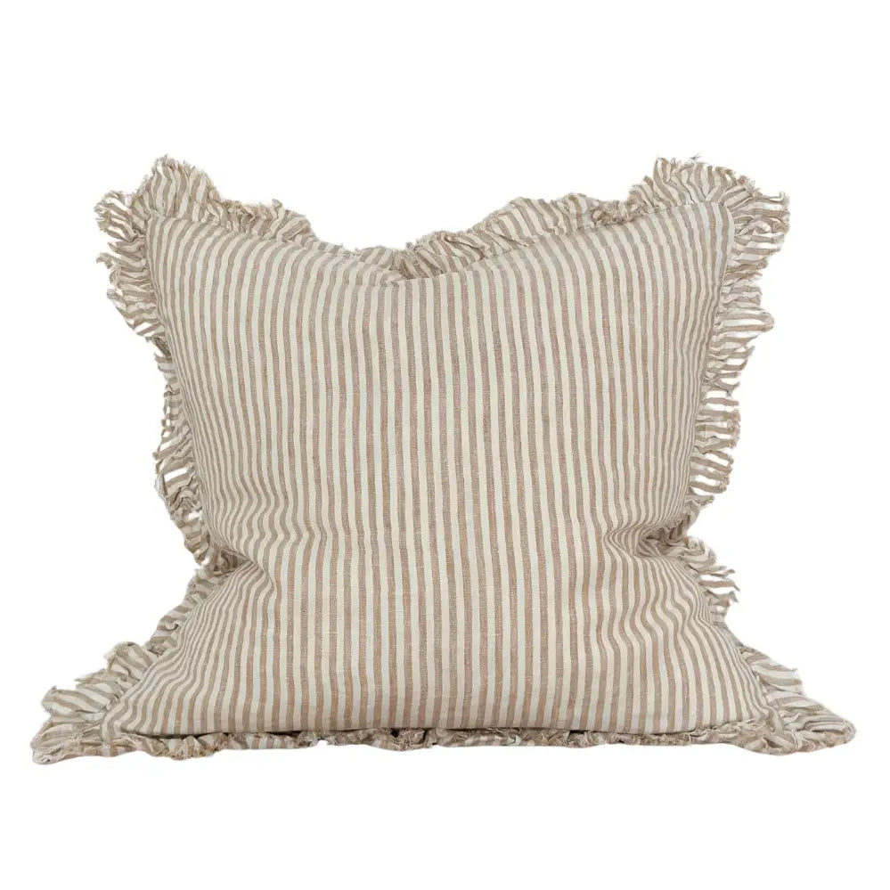 Hallie Ruffle Linen Cushion Cover in Light Brown Stripe