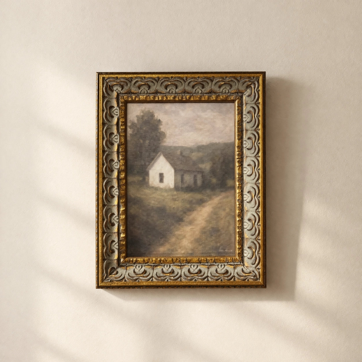 White Farmhouse - Antique Inspired Gold Leaf Crowned Framed Art