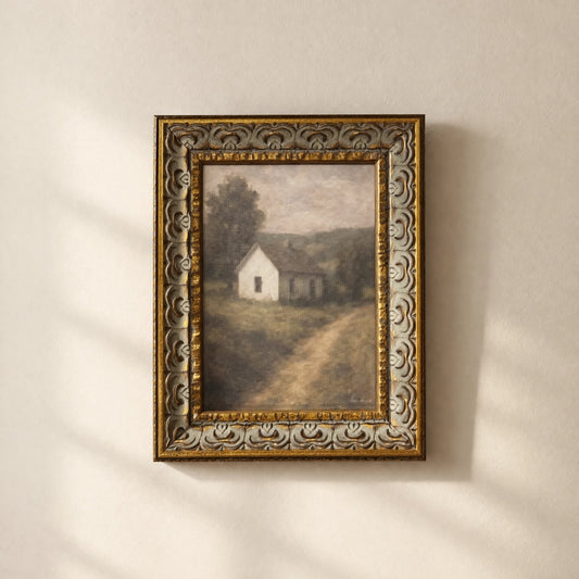 White Farmhouse - Antique Inspired Gold Leaf Crowned Framed Art